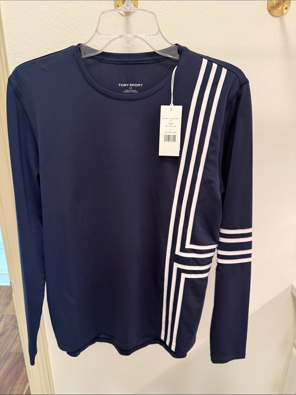 Tory Sport Navy Long-Sleeve Athletic Top with White Stripe Accents